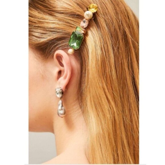 Tory Burch Crystal Hair Clip Barrette Green Gem Gold Tone Logo Hair Accessory main image 5
